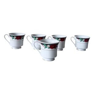 Tienshan Fine China Christmas Poinsettia Tea Cups Set of 5 Gold Trim Holiday